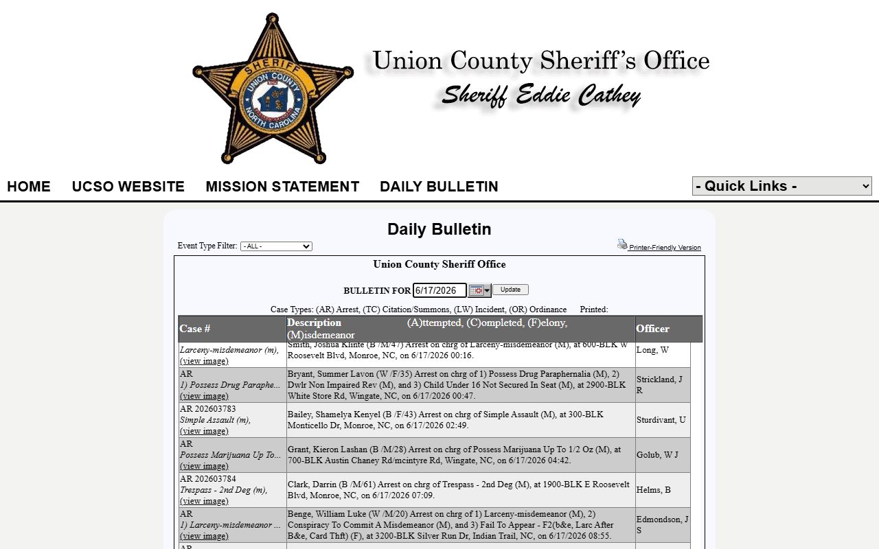 Union County arrest records Sheriff P2C daily bulletin