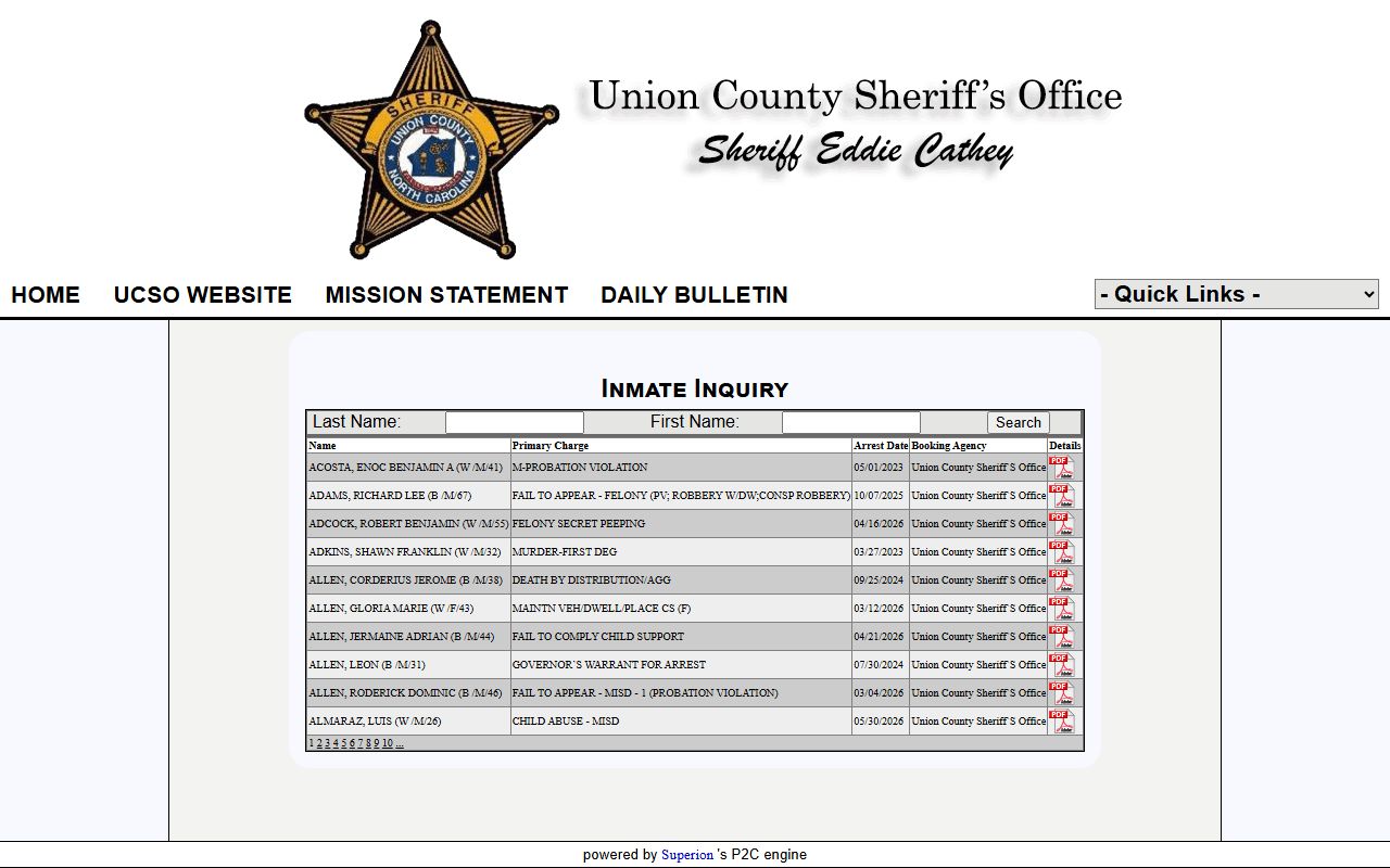 Union County inmate records Sheriff P2C inmate inquiry