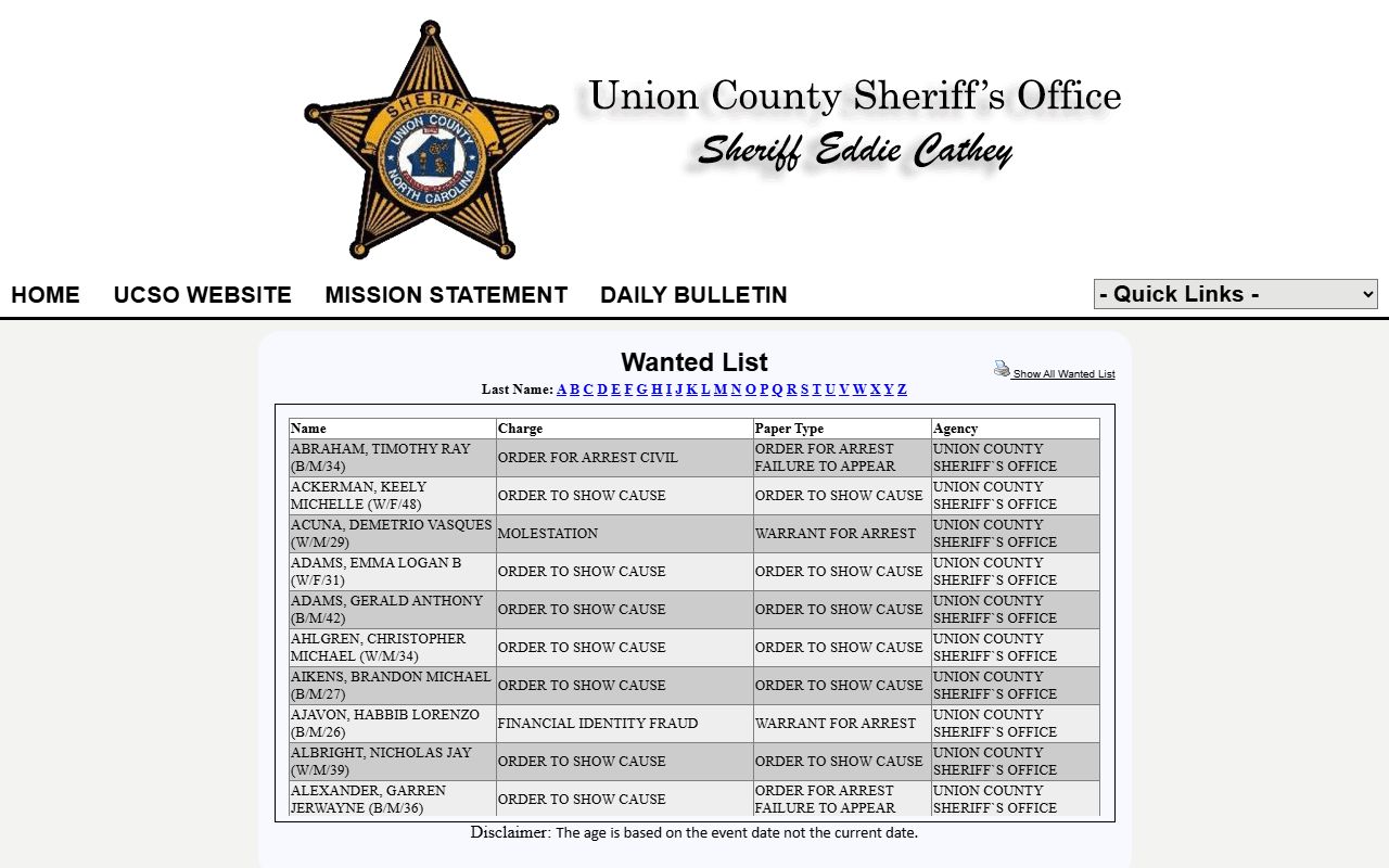 Union County warrant records Sheriff P2C wanted list